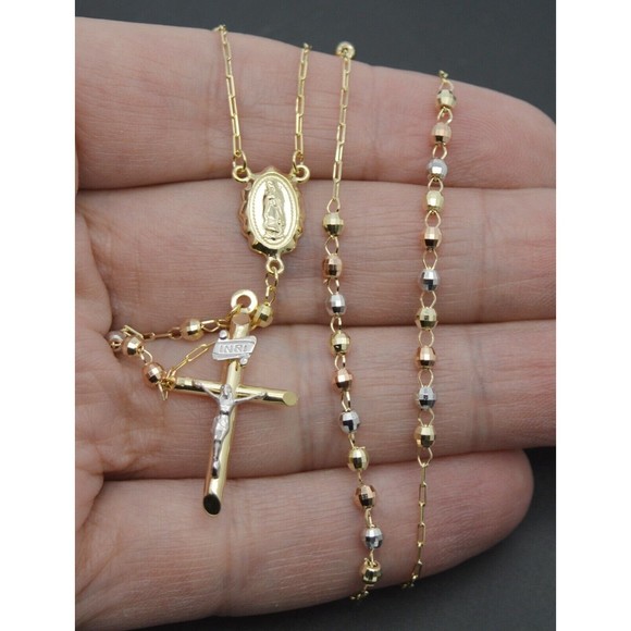 10k Solid Yellow Gold Colored Beads Rosary Virgin Mary Jesus Cross Necklace 18" - Picture 2 of 5